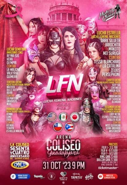 Superluchas - Un cartel del torneo de lucha libre femenina Lucha Femenil Naciones presentado por Arena Coliseo de Guadalajara.