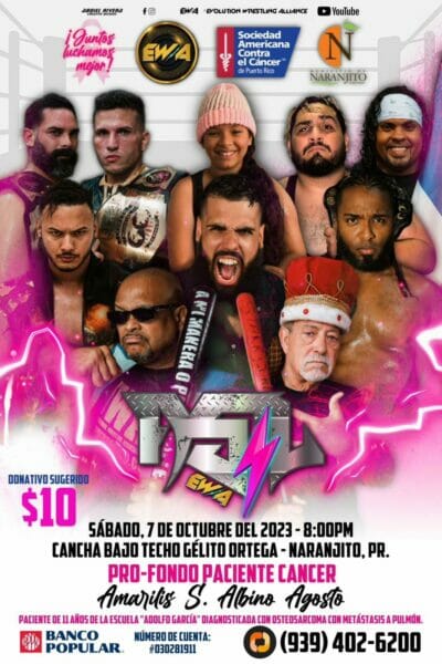 Superluchas - Un folleto para el evento de lucha libre de la EWA con un grupo de luchadores vibrantes.