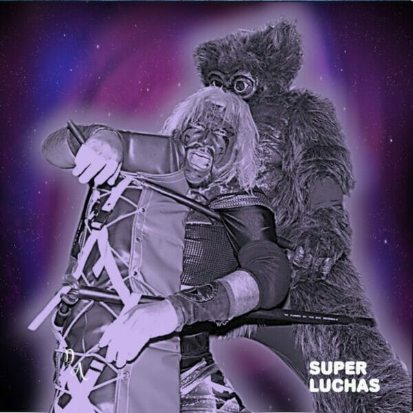 Superluchas - Kaiju Pro Wrestling: un hombre lucha contra un oso en un póster lleno de acción.