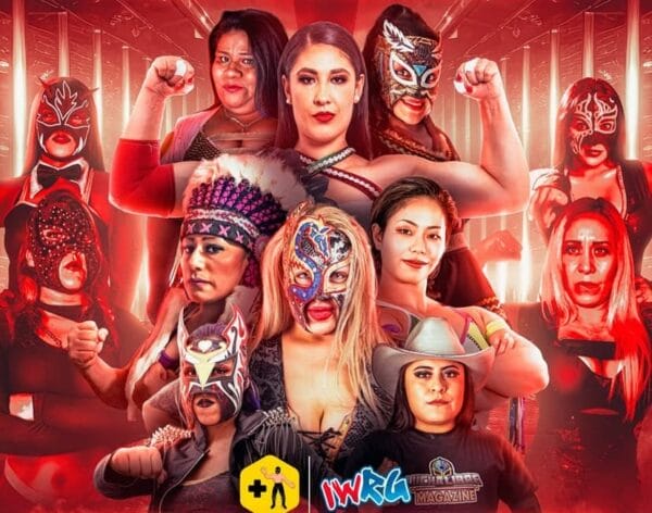 Superluchas - Un grupo de mujeres con máscaras de lucha libre posando frente a un fondo rojo para el torneo Suprema 2023.