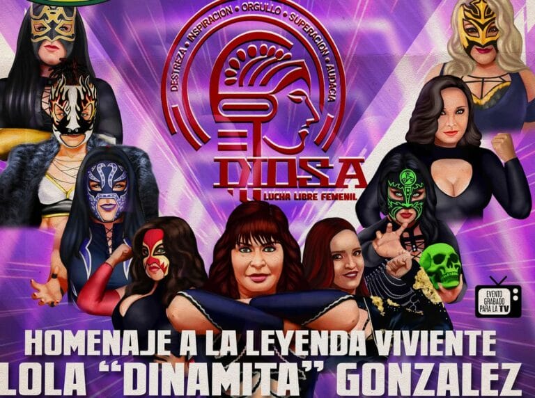 Superluchas - Un cartel que muestra el evento inaugural de DIOSA en homenaje a Lola González, con un grupo de mujeres con máscaras.