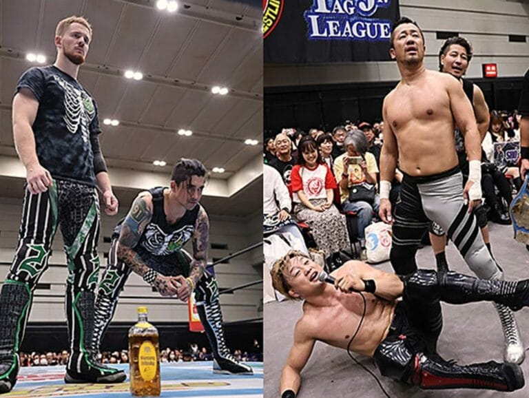 Superluchas - Un grupo de luchadores compitiendo en la NJPW “Super Jr. Tag League 2023” Días 8 y 9, luchando dentro de un ring de lucha libre.