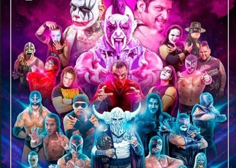 Superluchas - Un cartel nostálgico de un evento de lucha libre en la Ciudad de México en el que participan muchos luchadores.