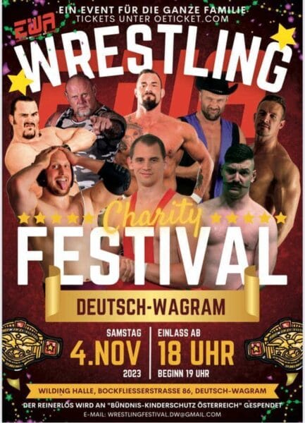 Superluchas - Un cartel del Festival benéfico en Alemania con los resultados de la Asociación Europea de Lucha Libre el 4 de noviembre de 2023.