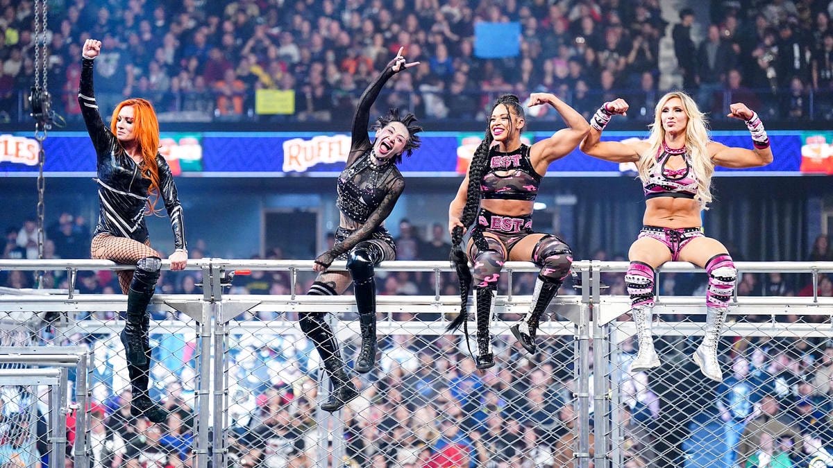 Superluchas - Un grupo de luchadoras paradas encima de una valla, mostrando su fuerza y solidaridad en el mundo de la WWE.