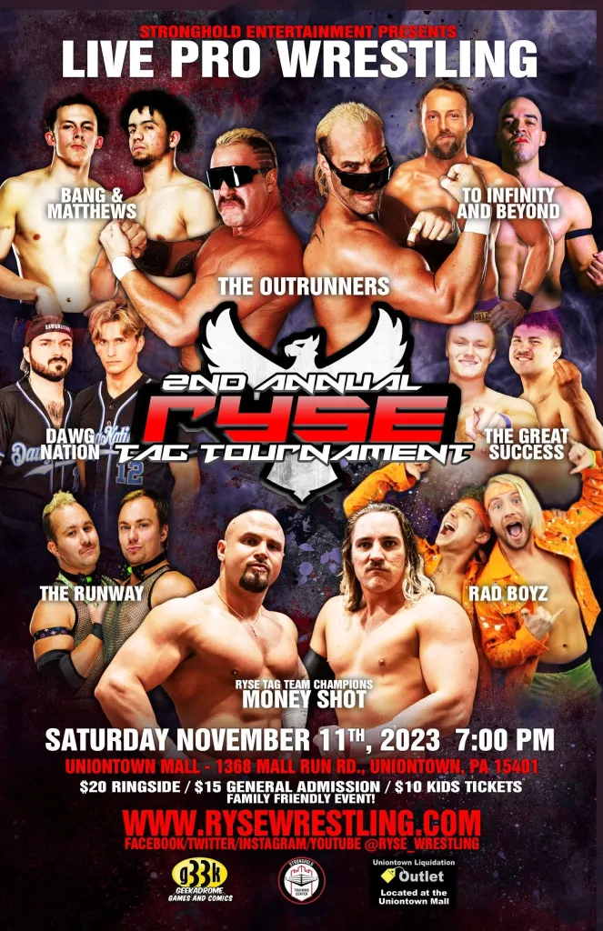 Superluchas - El folleto del 2do Torneo Anual Ryse Tag con Resultados Ryse Wrestling el 11 de noviembre de 2023.