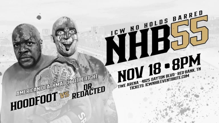 Superluchas - Un cartel para dt luchadores 18 con dos luchadores en Resultados ICW No Holds Barred el 18 de noviembre de 2023.