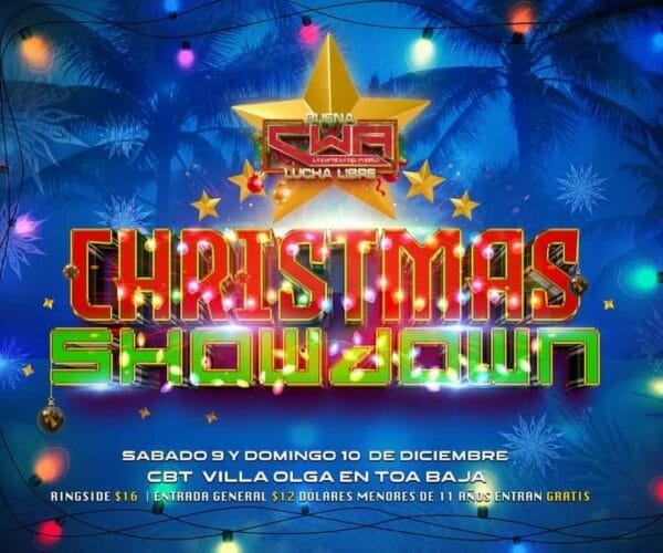 Superluchas - Un folleto para el Christmas Showdown con un borrador automático.