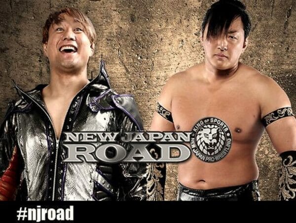 Superluchas - Dos luchadores uno al lado del otro en New Japan Road.
