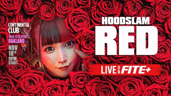 Superluchas - Un cartel que presenta actuaciones en vivo de Hoodslam, con las palabras "hoodslim red live" en un lugar destacado.