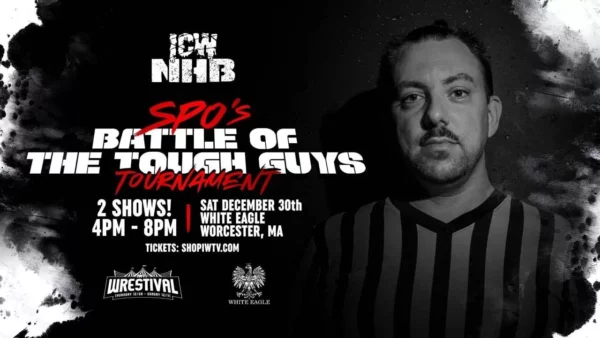 Superluchas - Un póster del torneo Battle of the Tough Guys de SPO que muestra la intensa lucha y la emoción del evento.