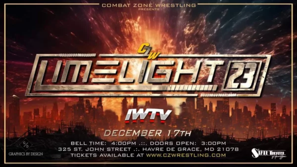 Superluchas - Un cartel para Limelight TV con la imagen de una ciudad de fondo, presentando Resultados Combat Zone Wrestling 17 de diciembre 2023.