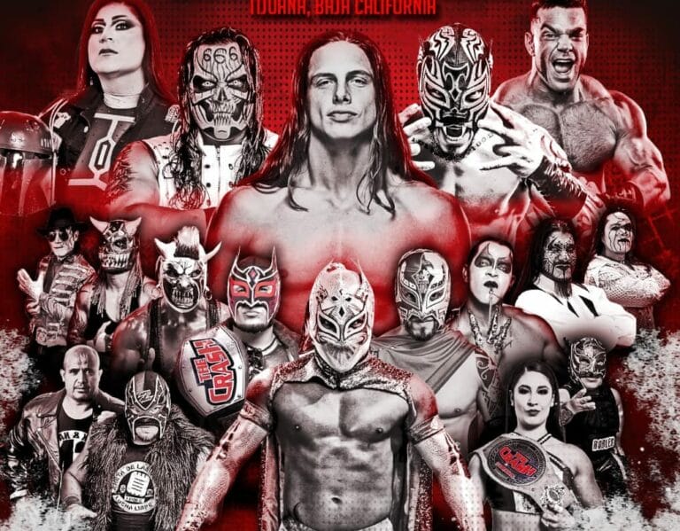 Superluchas - The Crash presenta su evento de enero con Matt Riddle, presentando a un grupo de luchadores posando frente a un fondo rojo.