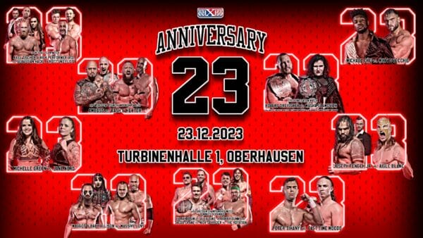 Superluchas - Póster del 23 aniversario de la WWE con los luchadores Robert Dreissker y Masha Slamovich.