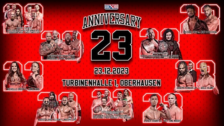 Superluchas - Póster del 23 aniversario de la WWE con los luchadores Robert Dreissker y Masha Slamovich.