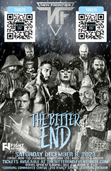 Superluchas - Un folleto del evento de lucha libre The Bitter End que presentará Resultados New Frontier el 9 de diciembre de 2023.