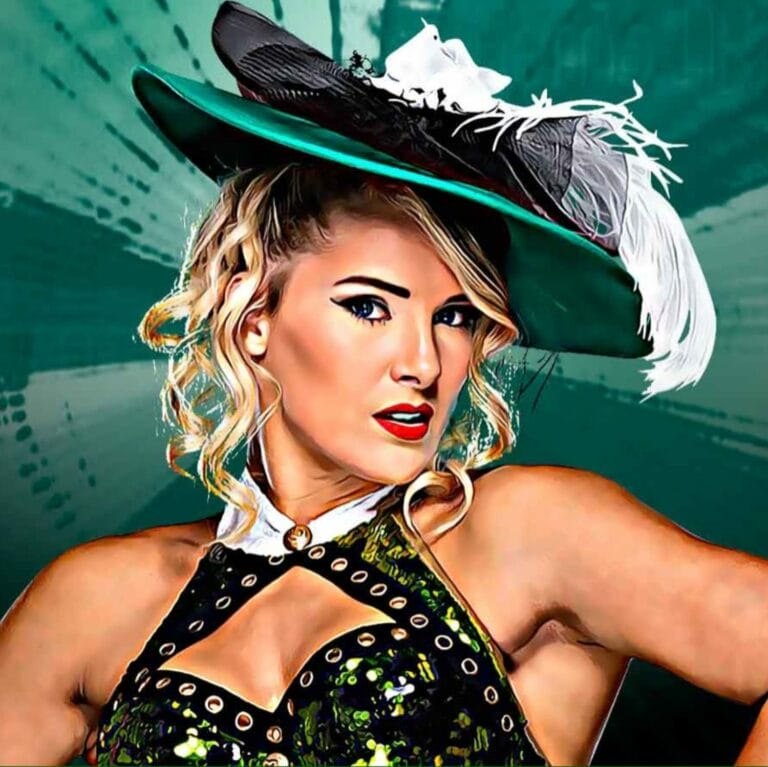 Superluchas - Una mujer con un sombrero verde posando para una foto con Ric Flair en WWE.