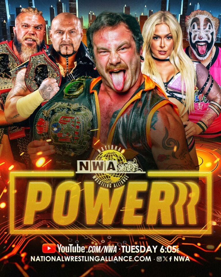 Superluchas - Un cartel de poder ninja con un grupo de luchadores mostrando sus Resultados NWA Powerrr 12 de diciembre 2023.