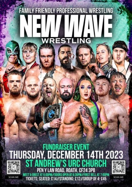 Superluchas - Un cartel de recaudación de fondos para el evento Resultados New Wave Wrestling el 14 de diciembre de 2023.