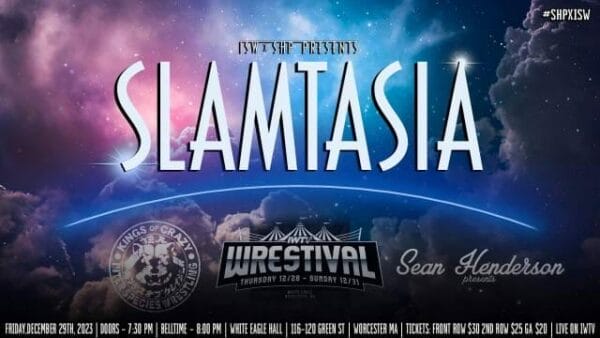 Superluchas - La portada de slamastia, con la palabra slamastia de fondo y Resultados Sean Henderson Presenta el 29 de diciembre de 2023.