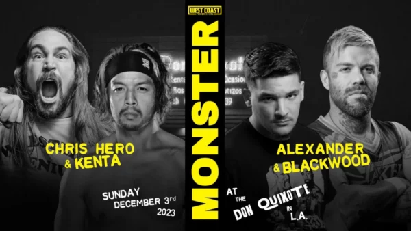 Superluchas - Un póster que muestra a Monster vs Alexander Kenta en un emocionante combate en West Coast Pro Wrestling el 3 de diciembre de 2023.