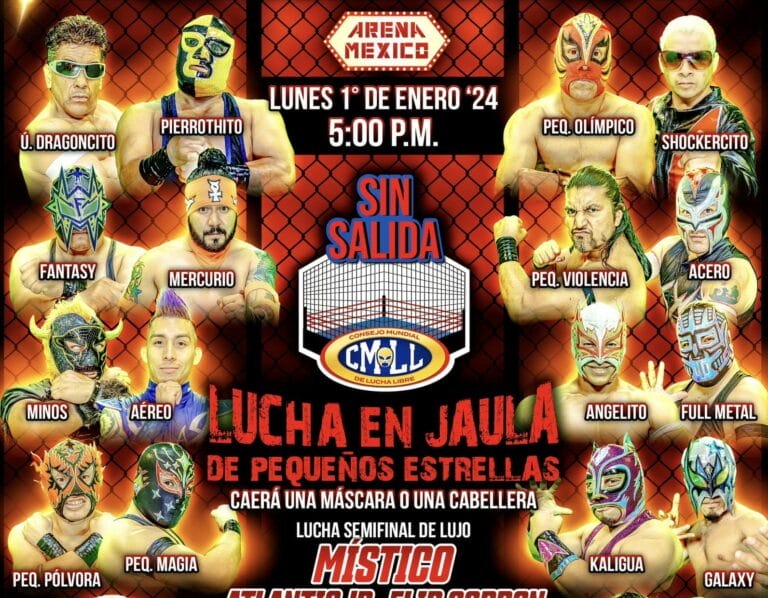 Superluchas - Un colorido cartel que muestra a un grupo de luchadores en la icónica Arena México, mostrando la emoción del primer evento en 2024.