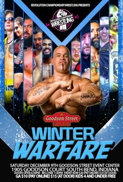 Superluchas - Un póster del evento de lucha Winter Warfare que presentará Resultados Revolution Championship Wrestling el 9 de diciembre de 2023.