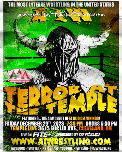 Superluchas - El cartel de Terror at the Temple es un emocionante adelanto del evento Resultados Absolute Intense Wrestling que tendrá lugar el 29 de diciembre de 2023.
