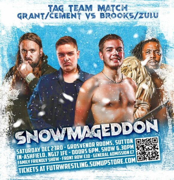 Superluchas - Un folleto de Snowmageddon, que presenta el evento Resultados FUTR Wrestling el 23 de diciembre de 2023.