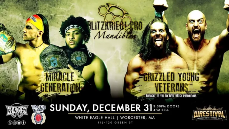 Superluchas - Resultados ¡Blitzkrieg! Pro Wrestling 31 de diciembre de 2023: Un cartel que muestra una feroz lucha libre entre dos hombres con mandíbulas.