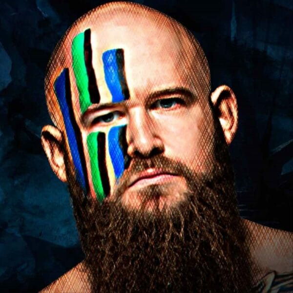 Superluchas - Erik, uno de los Viking Raiders, con pintura azul y verde en la cara.