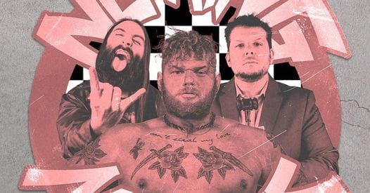 Superluchas - Un cartel que muestra a un grupo de hombres frente a un fondo a cuadros, que muestra el emocionante evento de lucha libre "No Ring New Year's".