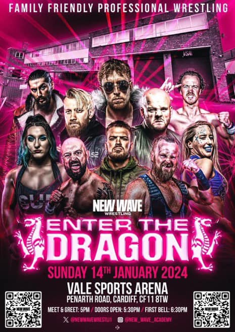 Superluchas - Un cartel que muestra a los luchadores victoriosos del evento Resultados New Wave Wrestling, titulado "Enter The Dragon".