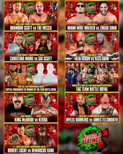 Superluchas -         Descripción: MCW Pro Wrestling presenta Season's Beatings, que presenta un emocionante enfrentamiento entre tres imitadores de Santa Claus. Espere enfrentamientos épicos y resultados emocionantes en esta batalla real festiva.