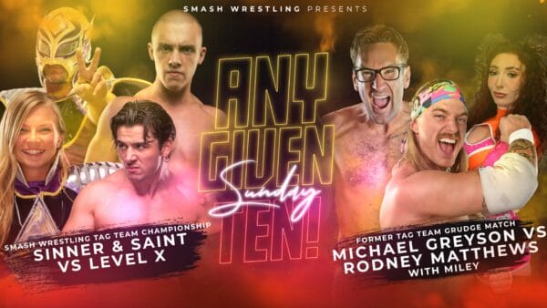 Superluchas - Un póster de Smash Wrestling que muestra los resultados de un grupo de luchadores.