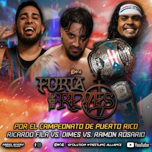 Superluchas - Un cartel para el evento EWA Arena que muestra el combate de lucha Furia Entre Reyes entre dos hombres y una mujer.