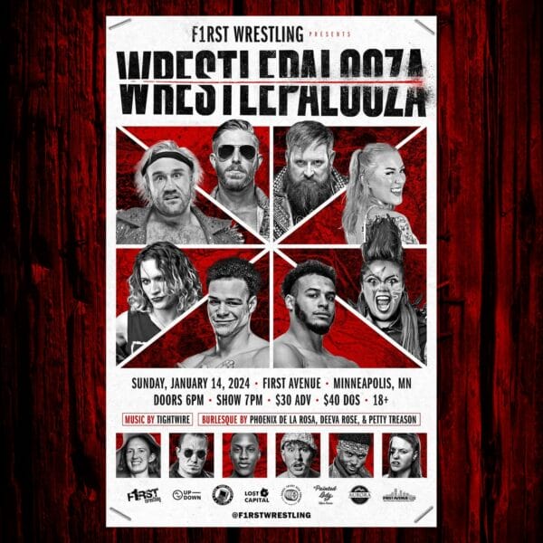 Superluchas - Un cartel de Wrestlepalooza, un evento de lucha libre protagonizado por un grupo de luchadores.