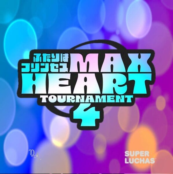Superluchas - Un logotipo vibrante que presenta el Torneo Max Heart sobre un fondo colorido.
