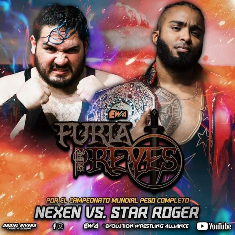 Superluchas - Un cartel del combate de lucha libre entre Neken vs. Star Roger en el EWA Arena, un evento emocionante lleno de furia entre reyes.