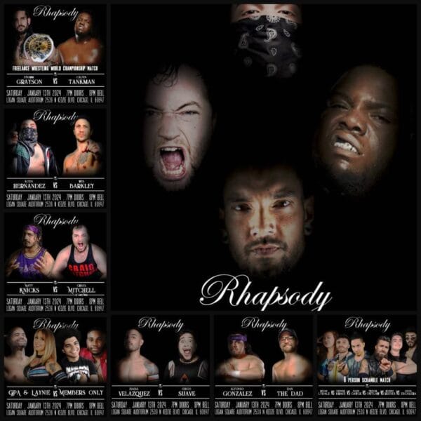 Superluchas - Un cartel del programa de lucha libre Rhapsody que presenta Freelance Wrestling el 13 de enero de 2024.