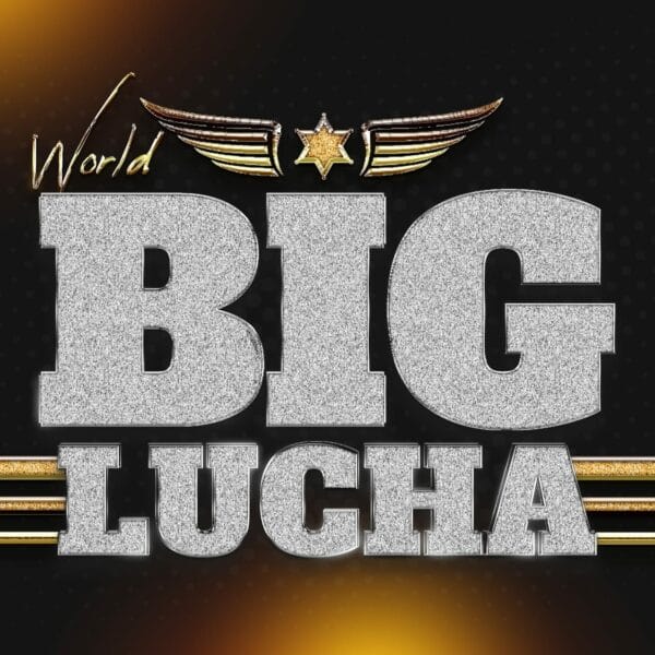 Superluchas - Un texto plateado con rayas doradas.