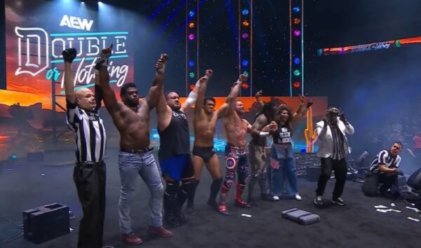 Kenny Omega, Swerve Strickland, Willow Nightingale, Samoa Joe, Powerhouse Hobbs y Katsuyori Shibata, ganadores del Anarchy in the Arena Match en el PPV AEW Double or Nothing 2025 (25 de mayo de 2025) - AEW