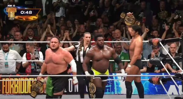 The Opps Samoa Joe, Powerhouse Hobbs y Katsuyori Shibata en AEWxNJPW Forbidden Foor 2025