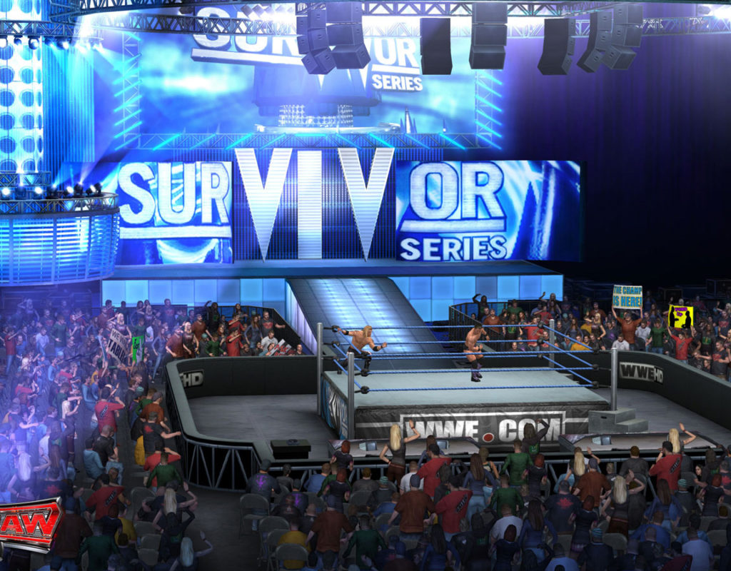 Edge midiendo a Chris Jericho para castigarlo con un Spear en la Arena de Survivor Series