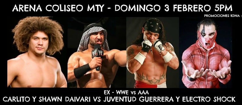 Daivari y Carlito vs. “Juice” y Electroshock este 03/Feb en MTY 3 Carlito y Shawn Daivari vs. Juventud Guerrera y Electroshock / Arena Coliseo de Monterrey - 3 de febrero de 2013
