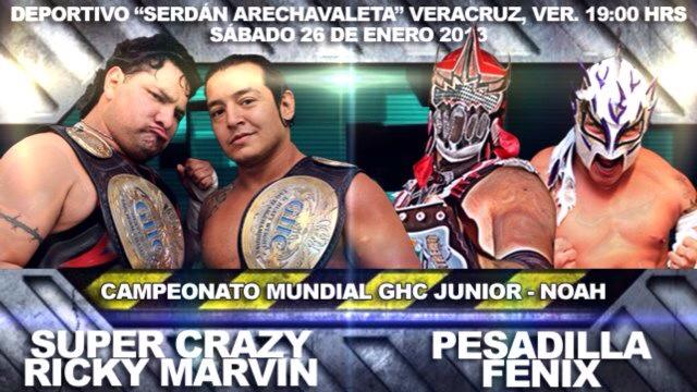 Los Mexitosos (Súper Crazy y Ricky Marvin) vs. Pesadilla y Fénix por el GHC Junior Heavyweight Tag Team Championship / Centro Deportivo “Serdán Arechavaleta” de Veracruz - 26 de enero de 2013 / Image by Tercera Caída en Facebook