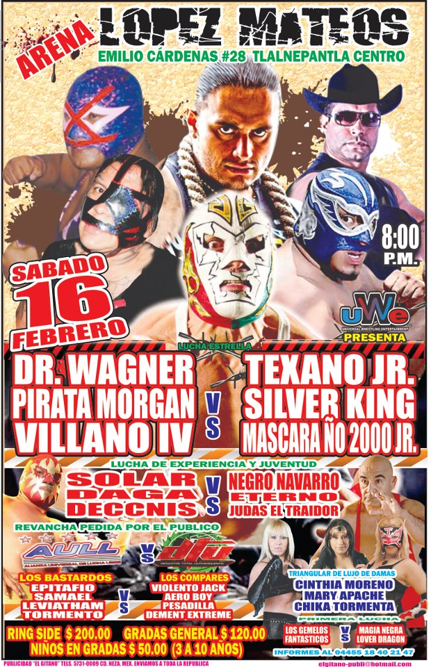 Wagner, Morgan y Villano IV vs. El Consejo este 16/Feb en UWE 1 UWE: Dr. Wagner Jr., Pirata Morgan y Villano IV vs. El Consejo / Arena López Mateos - 16 de febrero de 2013
