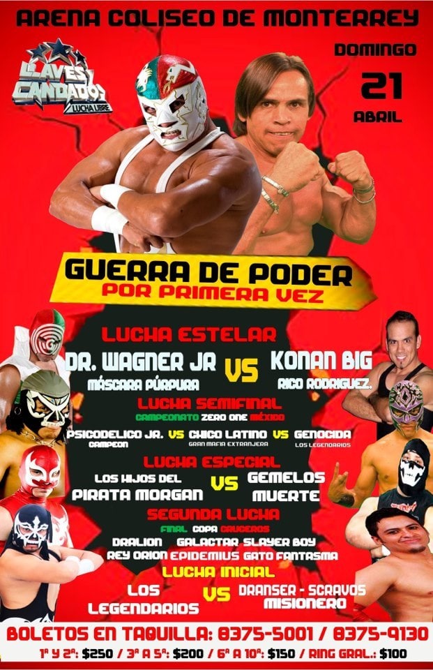 Sicodélico Jr. defenderá el título de Zero1 Mexico en Monterrey - Dr. Wagner, Jr. vs. Konan Big 2 Llaves y Candados: Inicio de Temporada 2013 / Arena Coliseo MTY - 21 de abril de 2013 / Image by Llaves y Candados en Facebook